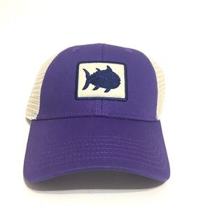 Southern Tide Skipjack Trucker Hat Blue Tan Patch